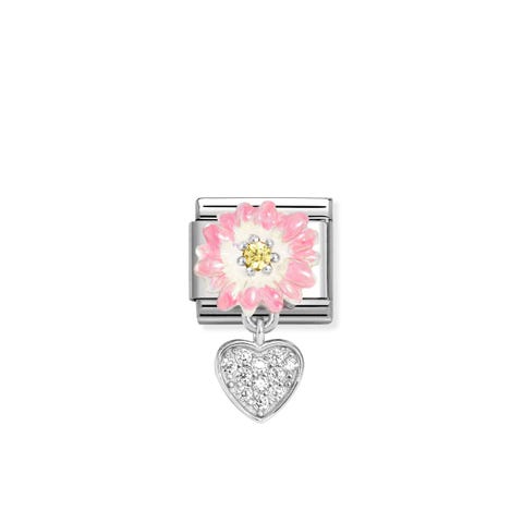 Link Composable Classic Flor con Cubic Zirconia colores y colgante Corazón Link en Acero y Plata 925 con Esmalte, Cubic Zirconia y Charm