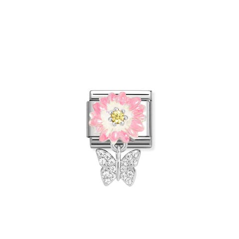 Composable Classic Flower, Yellow CZ, Butterfly Link with sterling silver flower with enamel and Cubic Zirconia
