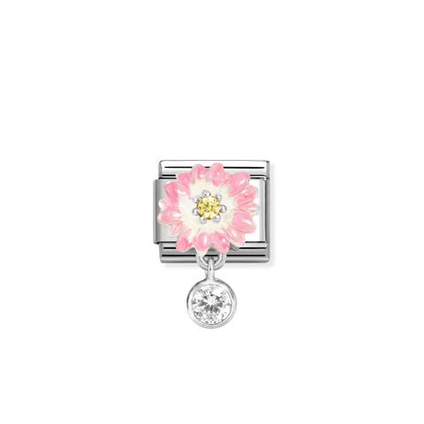 Composable Classic Link, Pink Flower, CZ pendant Stainless steel Link with silver, decorated with enamel and coloured Cubic Zirconia 
