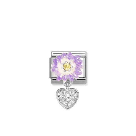 Composable Classic Link, Purple Flower, Heart Stainless steel Link with sterling silver and coloured enamel