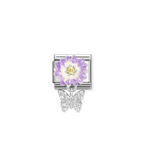 Composable Classic Link, Purple Flower, Butterfly Stainless steel Link with pendant in Cubic Zirconia and sterling silver flower