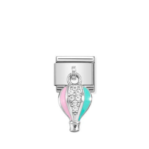 Composable Classic Link, Hot Air Balloon, CZ Link with pendant symbol in sterling silver, coloured enamel and Cubic Zirconia