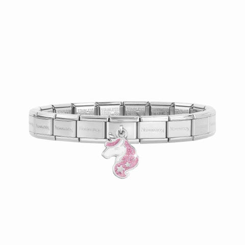 Composable Classic Bracelet with Unicorn Pendant Bracelet with pendant in silver and white and pink glitter Unicorn
