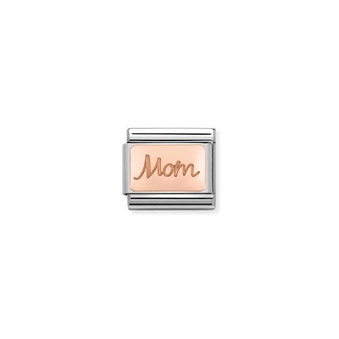 Composable Classic Mom Link in Rose Gold Link with writing in bonded rose gold and stainless steel