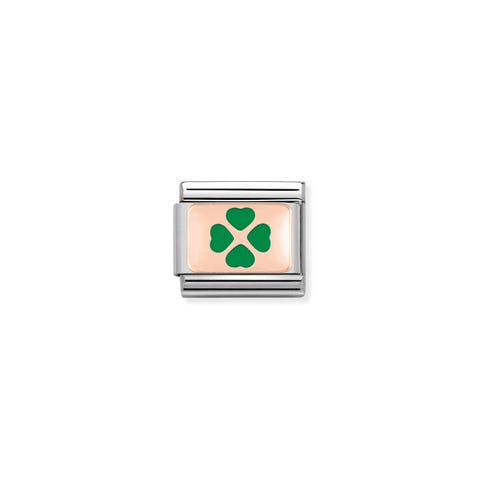 Link Composable Classic Trèfle à quatre feuilles vert en Or rose Link avec symbole trèfle à quatre feuilles en Acier et Email vert