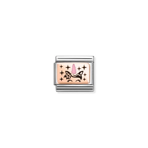 Link Composable Classic Unicornio Rosa con Placa Oro Rosa Link en Acero y Oro rosa 375 con esmalte
