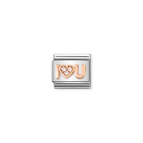 Composable Link, I Heart YOU with CZ Link in 9K rose gold and Cubic Zirconia and love text