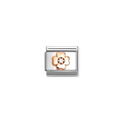 Link Composable Classic Trèfle à 4 feuilles pierre blanche Link avec symbole porte-bonheur en or 375 et oxyde
