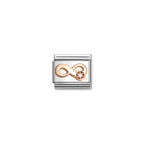 Link Composable Classic Infinito pietra Bianca Link con Simbolo di Infinito in Acciaio e Oro Rosa 375