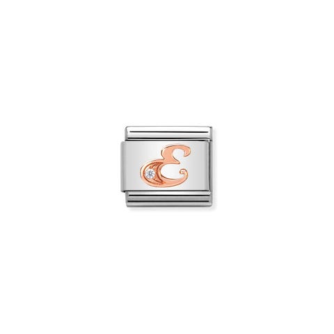 Composable Classic Link Letter E in Rose Gold and Cubic Zirconia Link with Cubic Zirconia and bonded rose gold