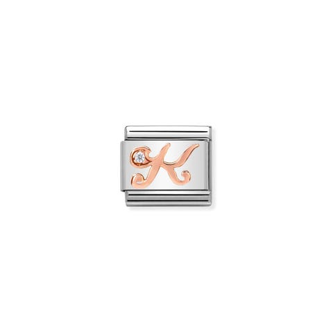 Link Composable Classic Lettera K in Oro Rosa e Pietra Link con lettera K in Acciaio, Oro rosa 375 e Zircone