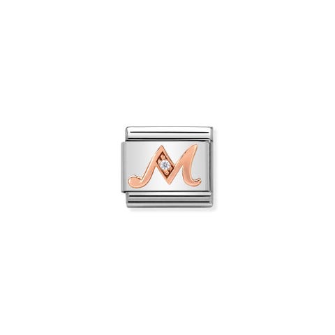 Composable Classic Link Letter M in Rose Gold and Cubic Zirconia Link with Alphabet Letter in bonded rose gold and Zirconia