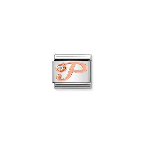 Composable Classic Link Letter P in Rose Gold and Cubic Zirconia Link in stainless steel and bonded rose gold with Letter