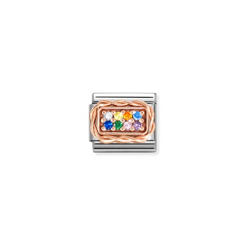 Link Composable Classic Pavè con pietre Arcobaleno Link in Acciaio con Pavé di pietre colorate e dettagli in Oro 375