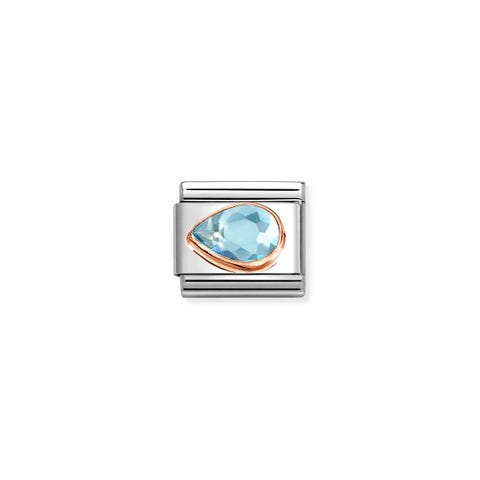 Composable Classic Link, Light Blue Stone Drop, Left Stainless steel Link with coloured stone and 9K rose gold details