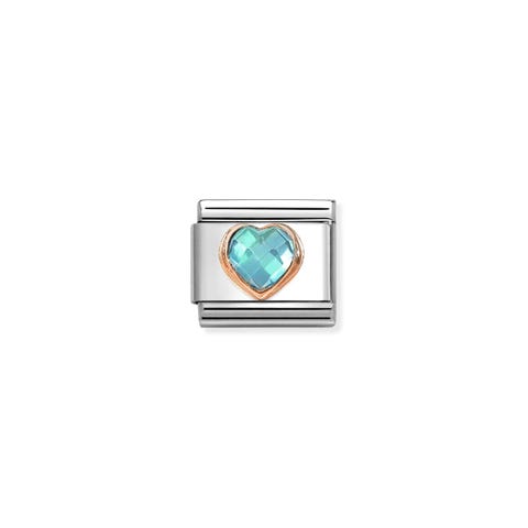Composable Classic Link, Heart with Light Blue CZ Rose gold Link with Heart with central Light Blue stones