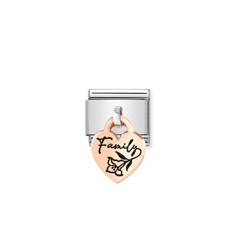 Composable Classic Link, Heart pendant FAMILY Link in stainless steel and rose gold pendant with writing