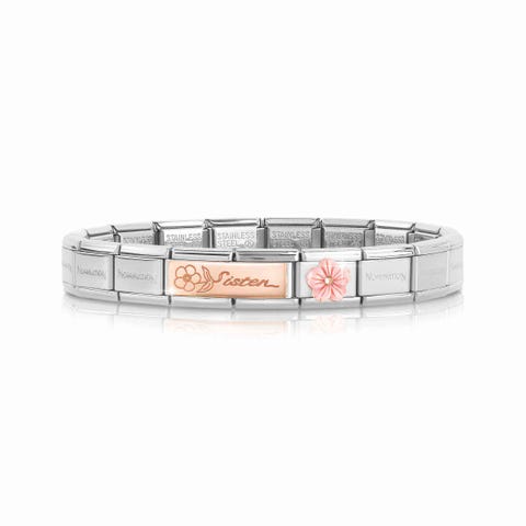 Composable Classic Bracelet Sister and Flower Bracelet with Sister engraved with Link in pink coral paste and bonded rose gold