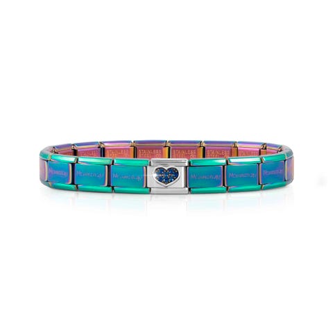 Bracelet Composable Classique Iridescent Coeur avec Zircones bleues Bracelet avec coeur et pierres
