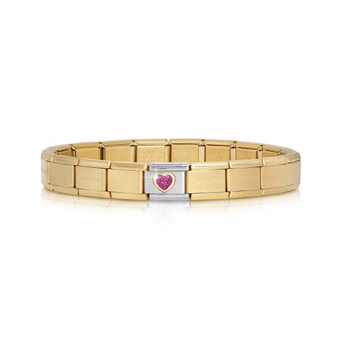 Classic Composable matt golden bracelet, Heart Fucsia Glitter Bracelet with Link with Glitter Heart
