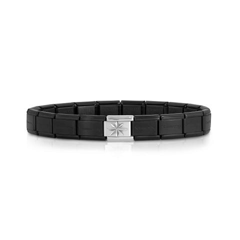 Classic Composable matt black bracelet, Wind Rose Bracelet with stainless steel Link with silver with maritime symbols
