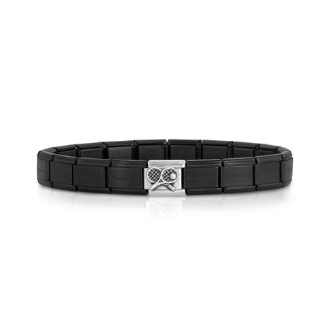 Classic Composable matt black bracelet, Tennis Rackets Bracelet with stainless steel Link with silver with sports symbol