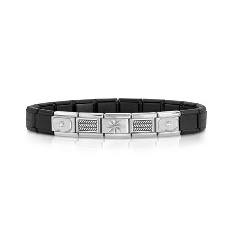 Classic Composable matt black bracelet, For Him with white CZ Bracelet with 5 Links in stainless and sterling silver with white Cubic Zirconia