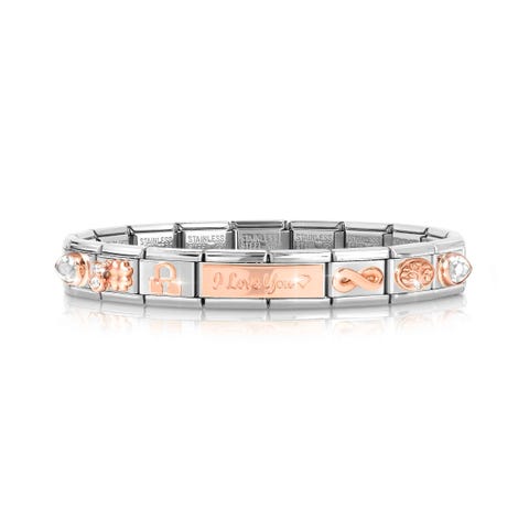 Composable Classic Bracelet, Rose gold Links, I LOVE YOU Theme Stainless steel and bonded rose gold bracelet with white Cubic Zirconia