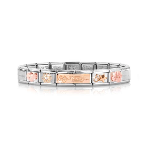 Composable Classic Bracelet, Rose gold Links, Coral, Family Theme Stainless steel and bonded rose gold bracelet with white Cubic Zirconia and Pink Coral resin symbol