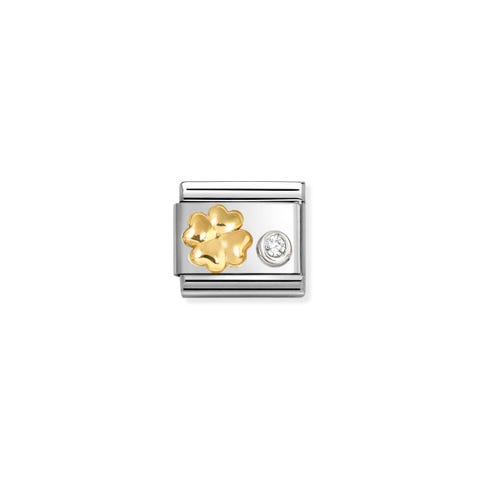 Composable Classic Link, 4-Leaf Clover, CZ set in silver Stainless steel and bonded yellow gold Link with decorations and Cubic Zirconia set in sterling silver