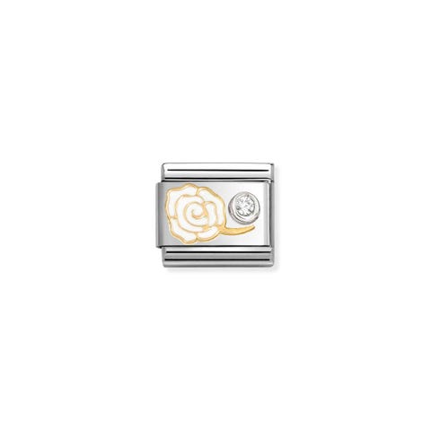 Composable Classic Link, White Rose & CZ set in silver Stainless steel Link with gold and White enamel