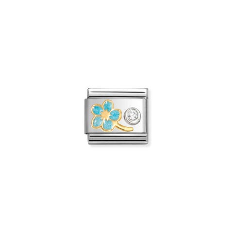 Composable Classic Link, Blue Forget-Me-Knot & CZ set in silver Stainless steel and bonded yellow gold Link with Light blue enamel
