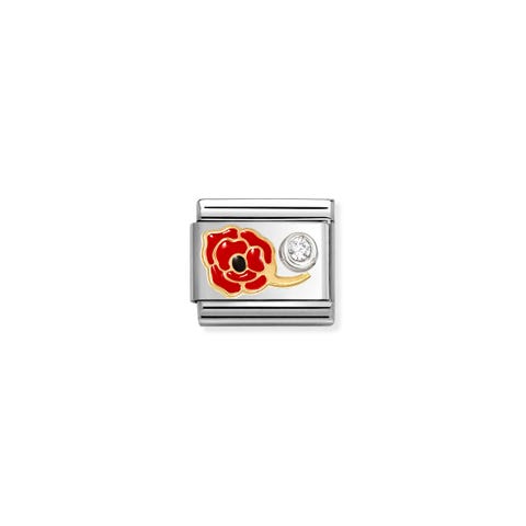 Composable Classic Link, Red Poppy & CZ set in silver Stainless steel and bonded yellow gold Link with decorative Red enamel