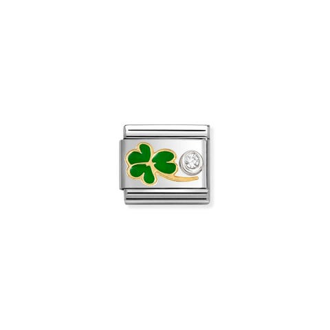Composable Classic Link, Green Clover & CZ set in silver Stainless steel and bonded yellow goldLink with decorative Green enamel