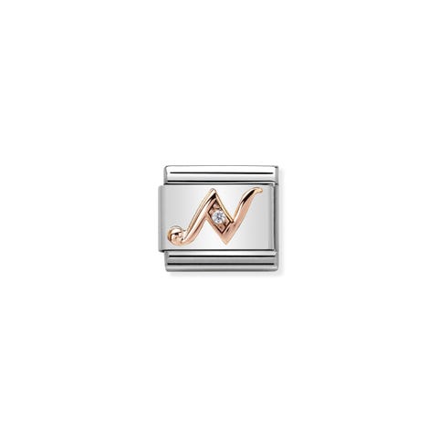 Link Composable Classic Lettre N en Or Rose et Pierre Link en Acier et Or rose 375 avec Zirconium blanc