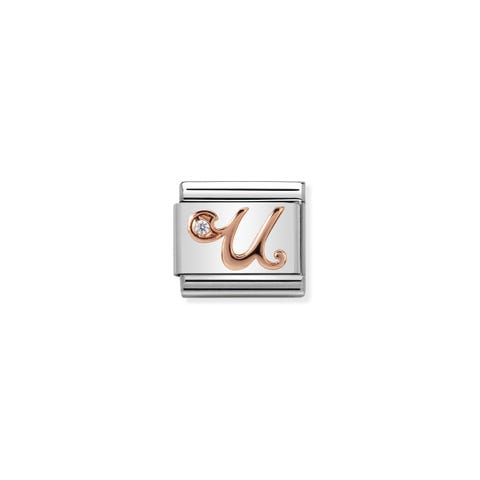 Link Composable Classic Lettre U en Or Rose et Pierre Link en Acier avec Zircons Cubiques