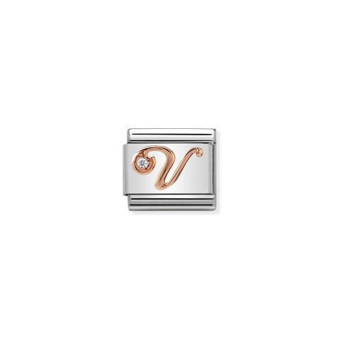 Link Composable Classic Lettre V en Or Rose et Pierre Link avec lettre V en italique avec Zirconium blanc