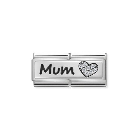 Double Link Composable Classic Mum et Cœur Link avec inscription et cœur en Argent et Pierres
