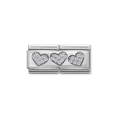 Double Link Composable Classic 3 Cœurs Link avec Cœurs en Argent 925 et Zircons Cubiques blancs