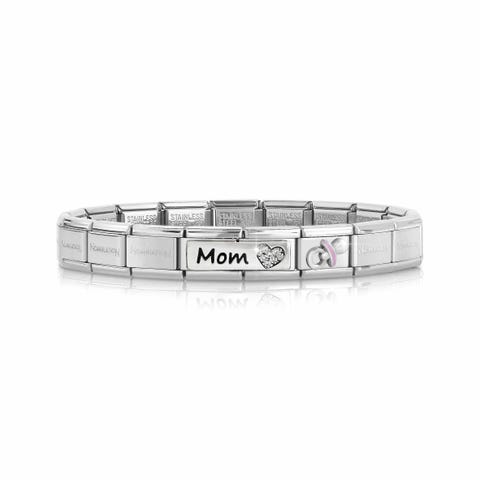 Bracciale Composable Classic con ciuccio rosa e Mamma Bracciale con scritta Mom con cuore e zirconi