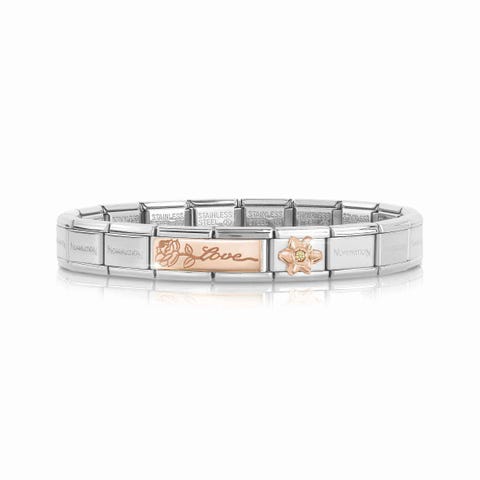 Composable Classic Bracelet Love Double Link Bracelet with Love and Rose engraved with Daffodil Link in 9K rose gold and yellow Cubic Zirconia