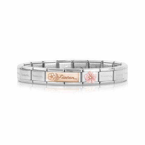 Composable Classic Bracelet Sister Double Link Bracelet with Sister engraved with Link in pink coral paste and 9K rose gold