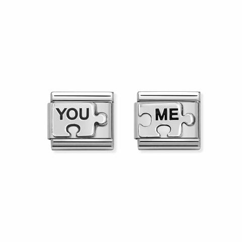 2 Link Pair Composable Classic Puzzle YOU ME Link Pair in Sterling silver with writing. #oneformeoneforyou