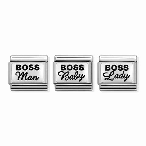 3 Composable Classic Boss Family Links Link in silver with writing #oneformeoneforyou