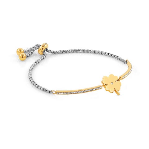 Milleluci bracelet, Golden PVD, Four Leaf Clover Stainless steel bracelet, White crystals and Cubic Zirconia