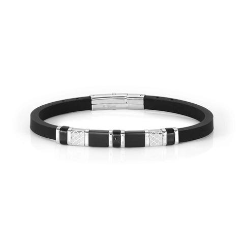 City bracelet, Black stone and decorated plate Rubber and stainless steel bracelet with black CZ

