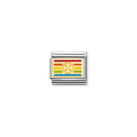 Link Composable Classic Quadrifoglio Bandiera Arcobaleno Link in Oro 750 con portafortuna