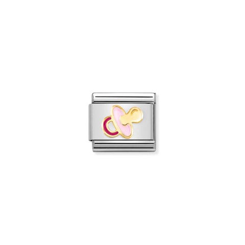 Composable Link, Pink Pacifier in gold Link with newborn symbol in 18K gold with coloured enamel