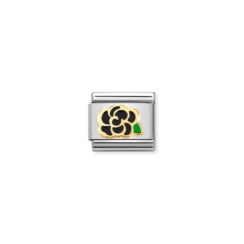 Composable Classic Link Gold mit schwarzer Kamelie Link in Edelstahl und 750er Gold mit farbiger Blume