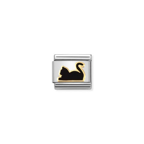 Composable Classic Link Schwarze liegende Katze Link mit Tier Symbol in Edelstahl und 750er Gold